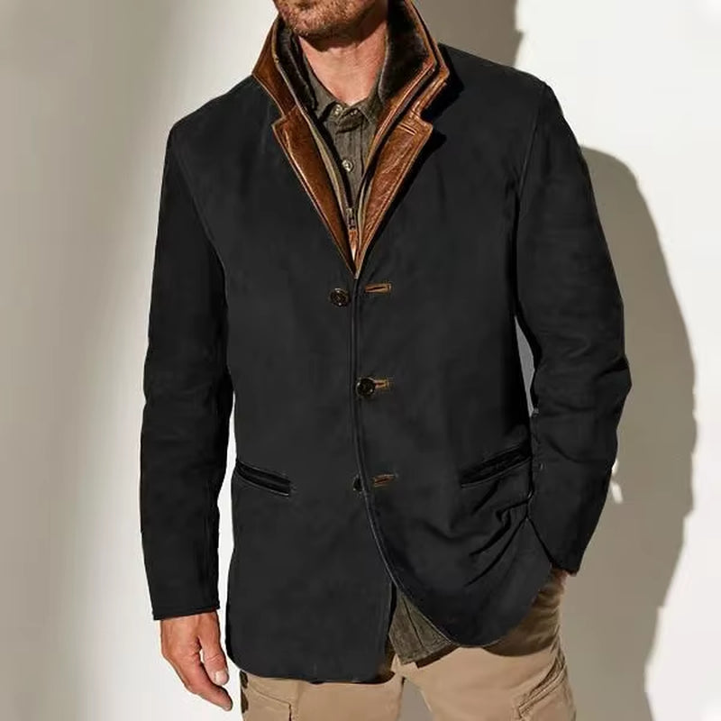 Men'S Spring and Autumn Fashion Retro Jacket, New European and American Style Lapel Workwear Patchwork Contrast Color Coat