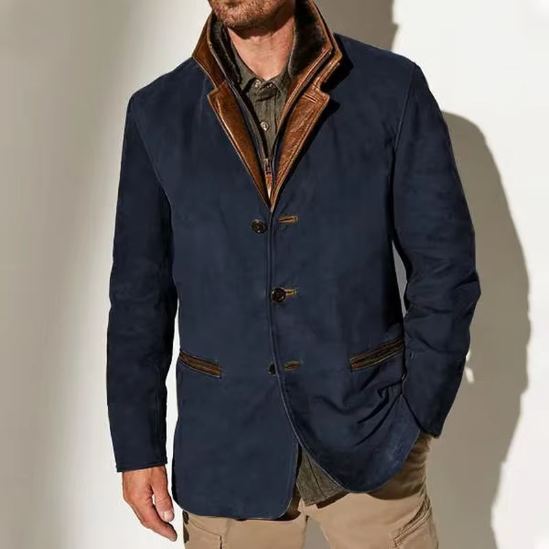 Men'S Spring and Autumn Fashion Retro Jacket, New European and American Style Lapel Workwear Patchwork Contrast Color Coat