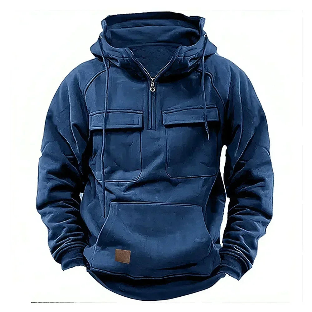 Half Zipper Men'S Tactical Hoodies Solid Warm Fleece Military Sweatshirts Multi Pockets Male Hooded Jackets Thick Outdoor Polar