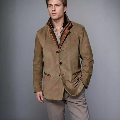 Men'S Spring and Autumn Fashion Retro Jacket, New European and American Style Lapel Workwear Patchwork Contrast Color Coat